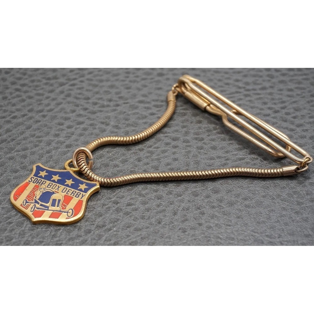 Vintage Soap Box Derby Tie Clip Bar Chain Charm Gold Tone